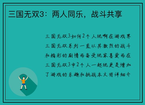 三国无双3：两人同乐，战斗共享